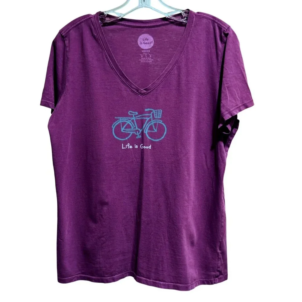 Life Is Good Bicycle With Basket Womens Purple V-Neck Short Sleeve T-Shirt Sz L - Picture 6 of 6